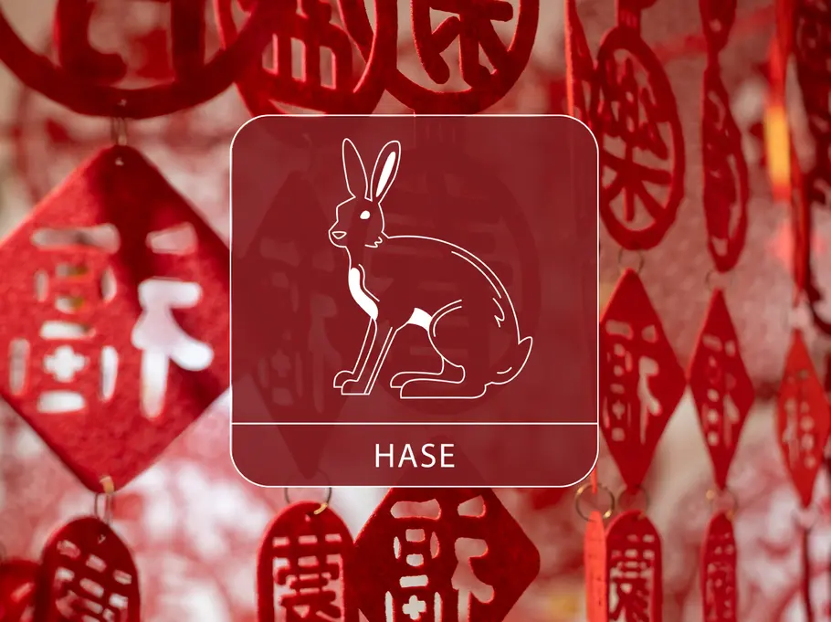 Das Sternzeichen Hase vor einem roten, dekorativen Vorhang aus chinesischen Symbolen