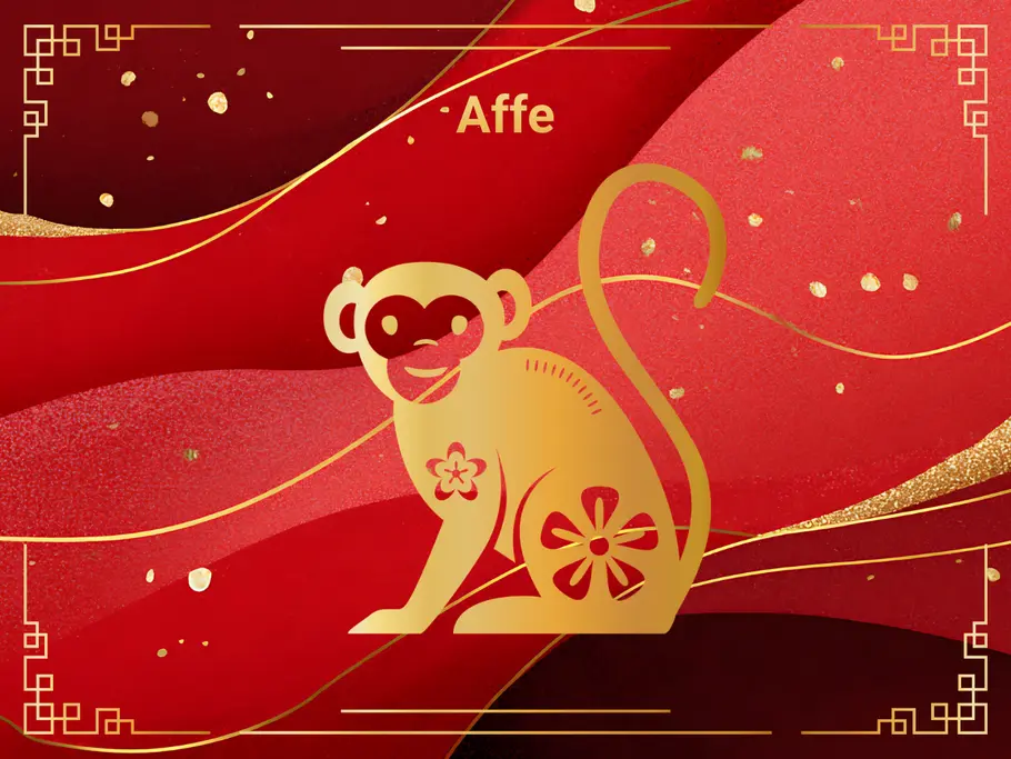 Das Sternzeichen Affe, umgeben von einem rot-goldenen Hintergrund