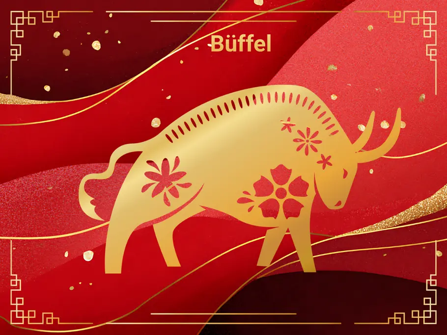 Das Sternzeichen Büffel, umgeben von einem rot-goldenen Hintergrund