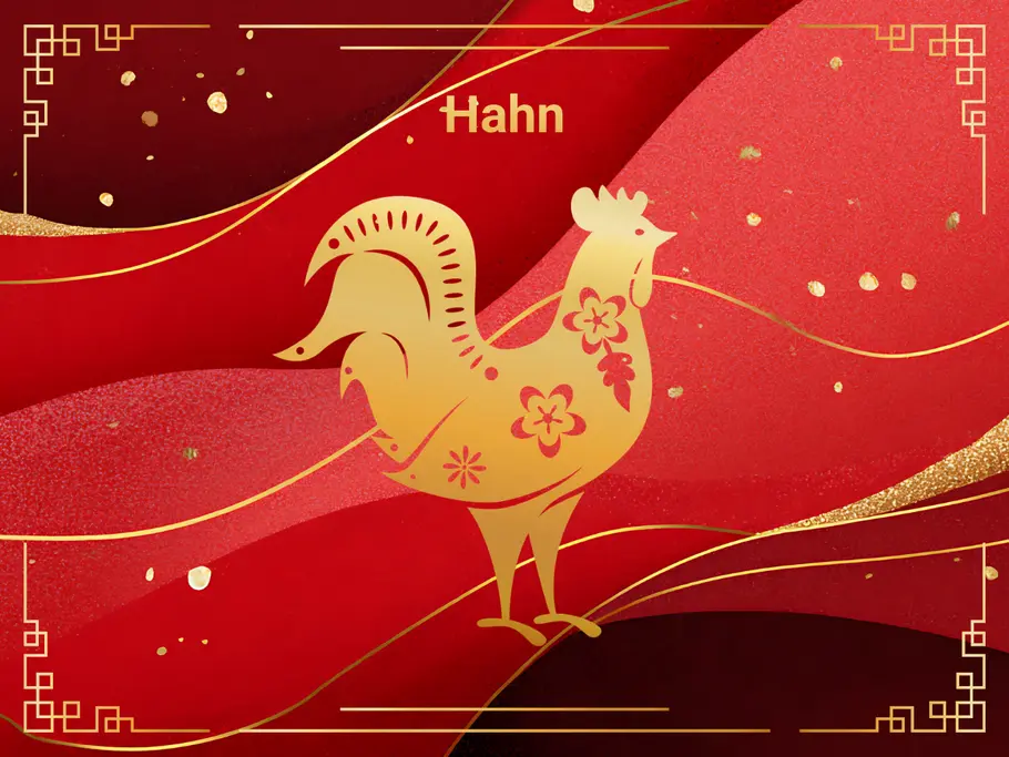 Das Sternzeichen Hahn, umgeben von einem rot-goldenen Hintergrund