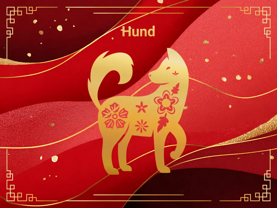 Das Sternzeichen Hund, umgeben von einem rot-goldenen Hintergrund