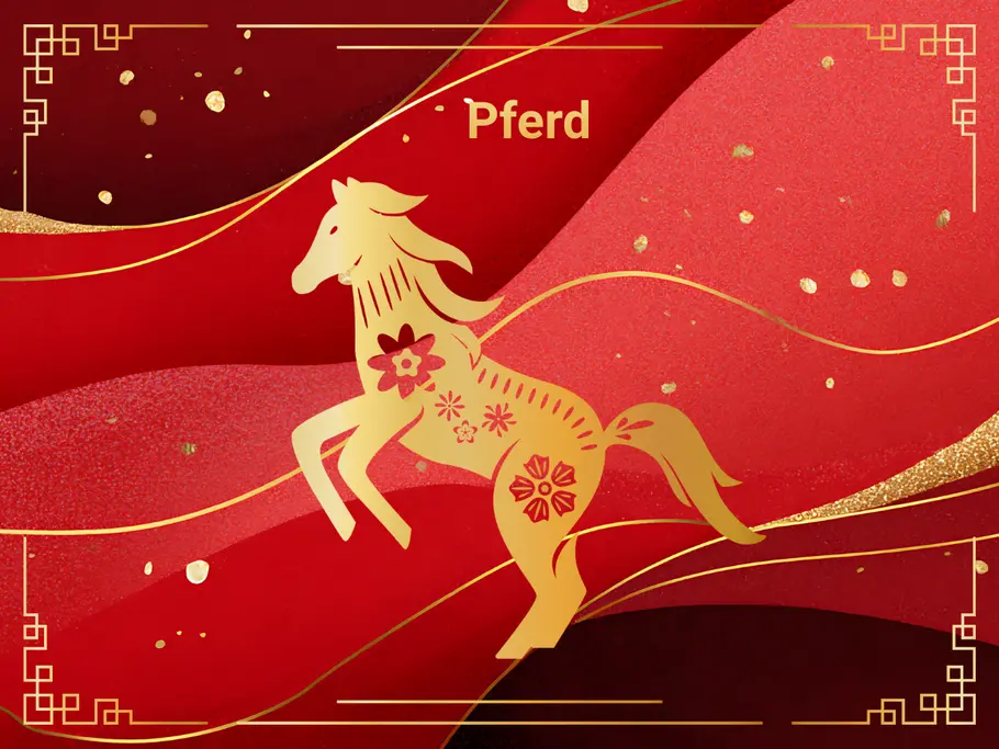 Das Sternzeichen Pferd, umgeben von einem rot-goldenen Hintergrund