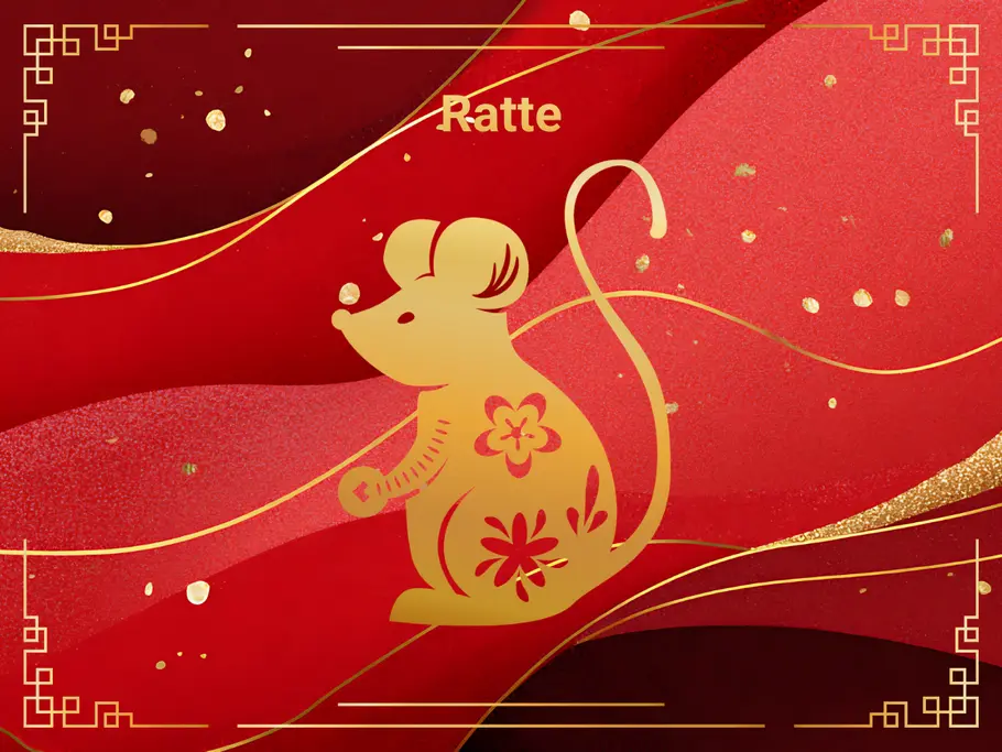Das Sternzeichen Ratte, umgeben von einem rot-goldenen Hintergrund