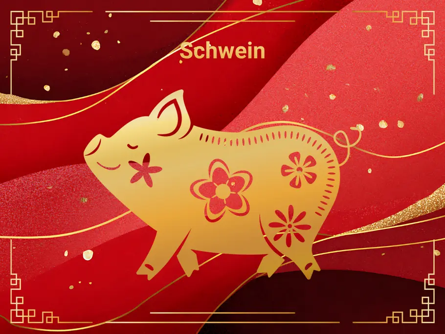 Das Sternzeichen Schwein, umgeben von einem rot-goldenen Hintergrund