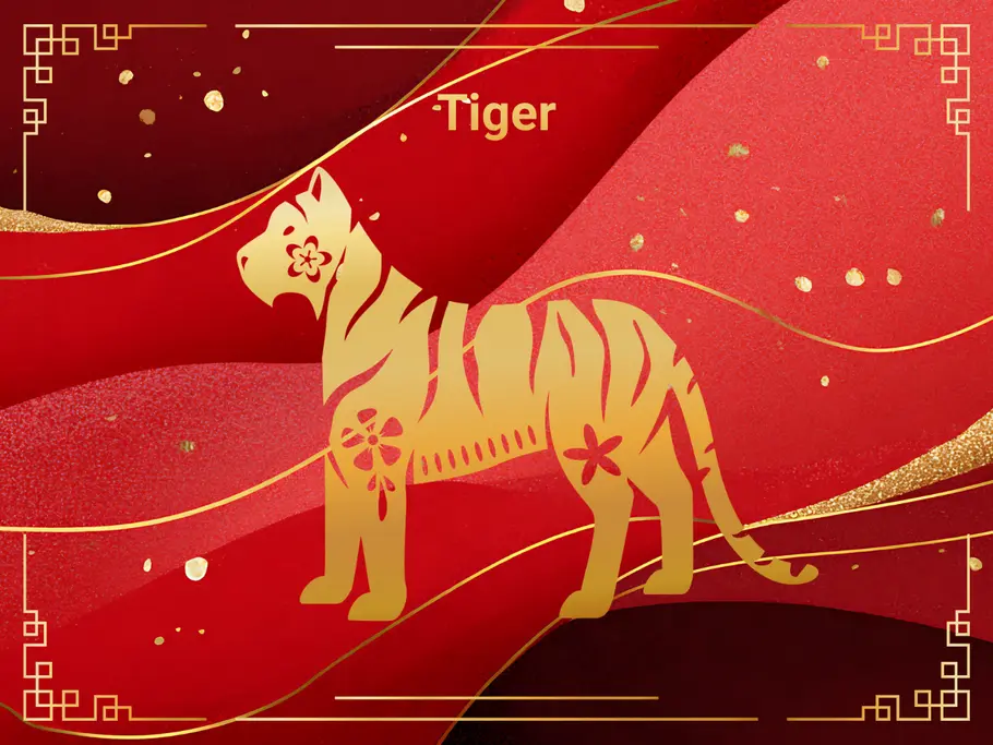 Das Sternzeichen Tiger, umgeben von einem rot-goldenen Hintergrund