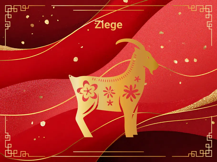 Das Sternzeichen Ziege, umgeben von einem rot-goldenen Hintergrund