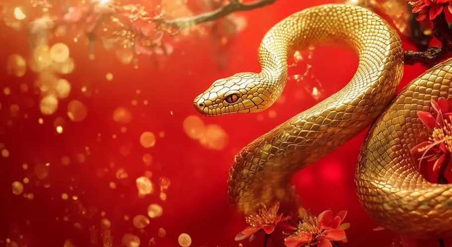 Das chinesische Monatshoroskop für Juni 2025 Eine goldene Schlange und Sakura Blumen vor einem roten Hintergrund