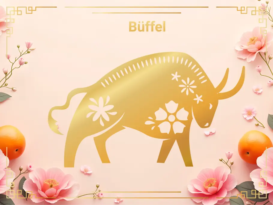 Das Sternzeichen Büffel, umgeben von pinken Blumen und Orangen.