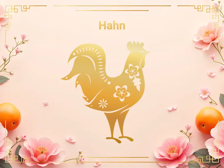 Das Sternzeichen Hahn, umgeben von pinken Blumen und Orangen.