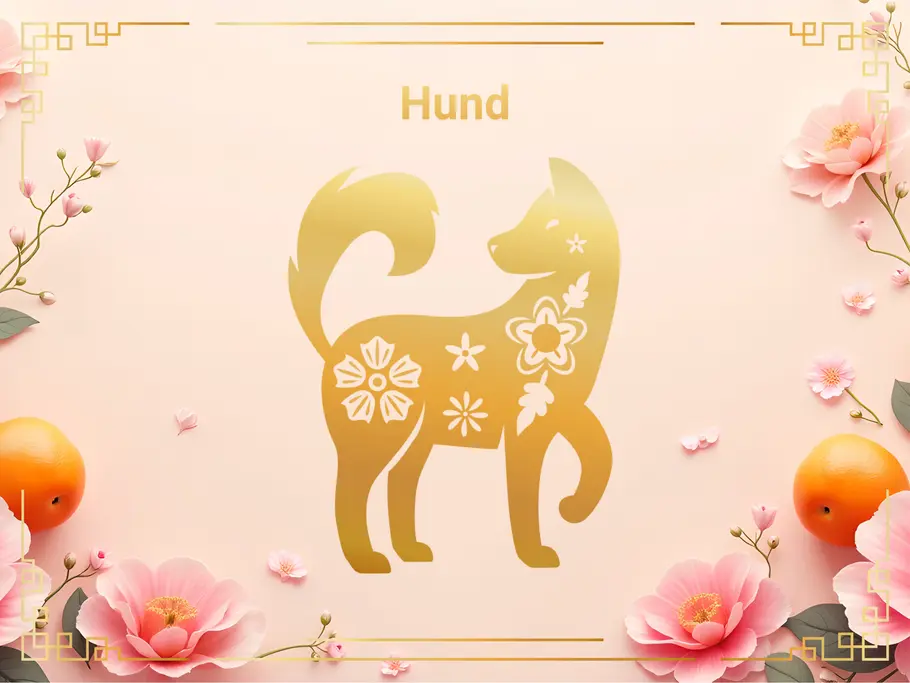 Das Sternzeichen Hund, umgeben von pinken Blumen und Orangen.