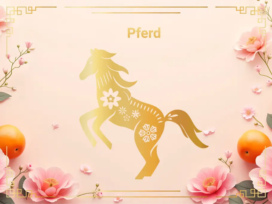 Das Sternzeichen Pferd, umgeben von pinken Blumen und Orangen.