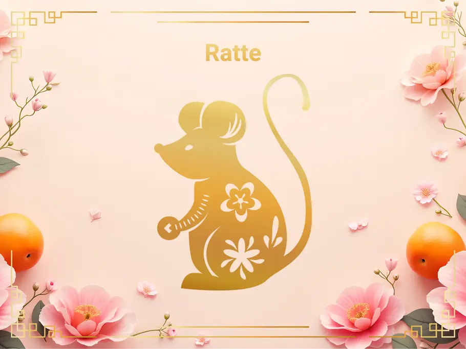 Das Sternzeichen Ratte, umgeben von pinken Blumen und Orangen.