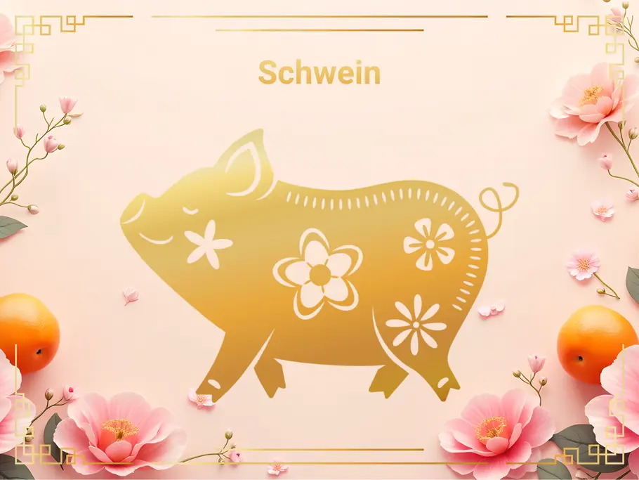 Das Sternzeichen Schwein, umgeben von pinken Blumen und Orangen.