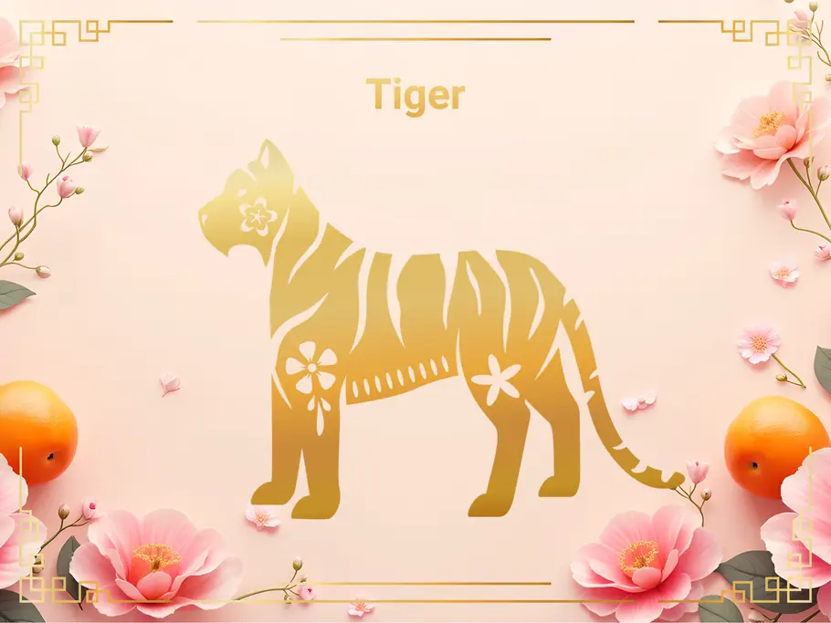 Das Sternzeichen Tiger, umgeben von pinken Blumen und Orangen.