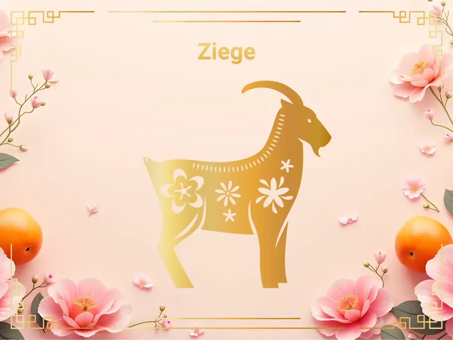 Das Sternzeichen Ziege, umgeben von pinken Blumen und Orangen.