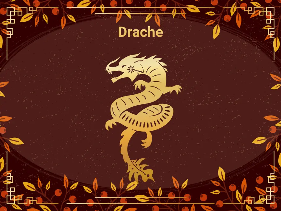 Das Sternzeichen Drache, umgeben von einem dunkelbraunen Hintergrund und Herbstblättern.