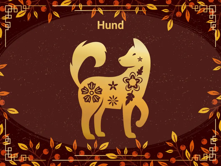 Das Sternzeichen Hund, umgeben von einem dunkelbraunen Hintergrund und Herbstblättern.
