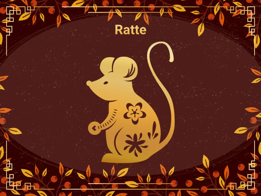 Das Sternzeichen Ratte, umgeben von einem dunkelbraunen Hintergrund und Herbstblättern.