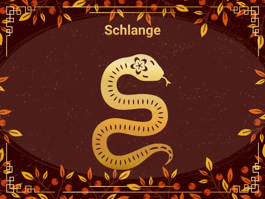 Das Sternzeichen Schlange, umgeben von einem dunkelbraunen Hintergrund und Herbstblättern.