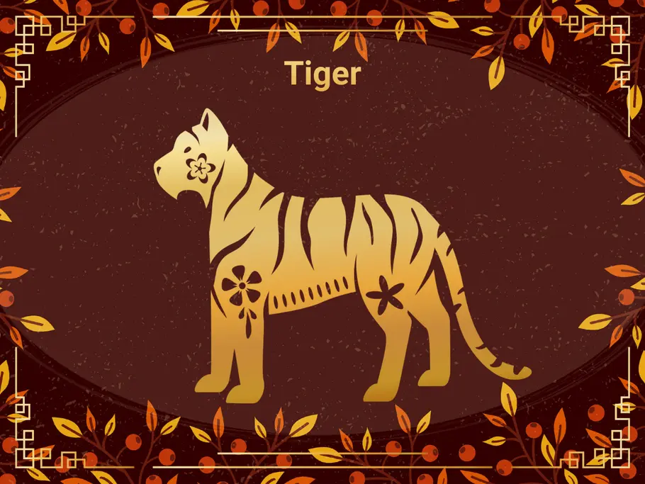 Das Sternzeichen Tiger, umgeben von einem dunkelbraunen Hintergrund und Herbstblättern.