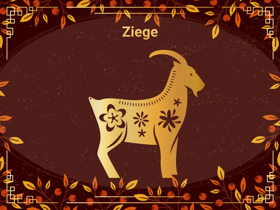 Das Sternzeichen Ziege, umgeben von einem dunkelbraunen Hintergrund und Herbstblättern.