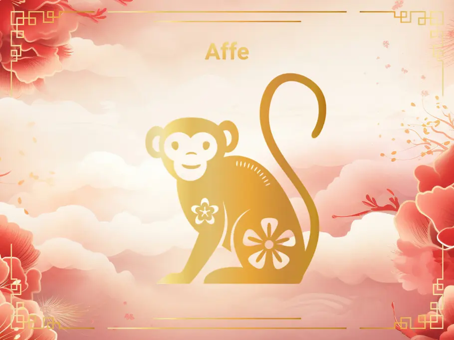 Das Sternzeichen Affe, vor einem Hintergrund aus rosa Wolken und Blumen.