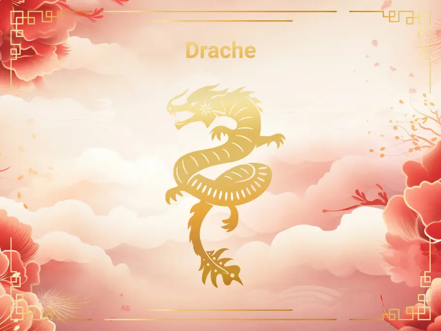 Das Sternzeichen Drache, vor einem Hintergrund aus rosa Wolken und Blumen.