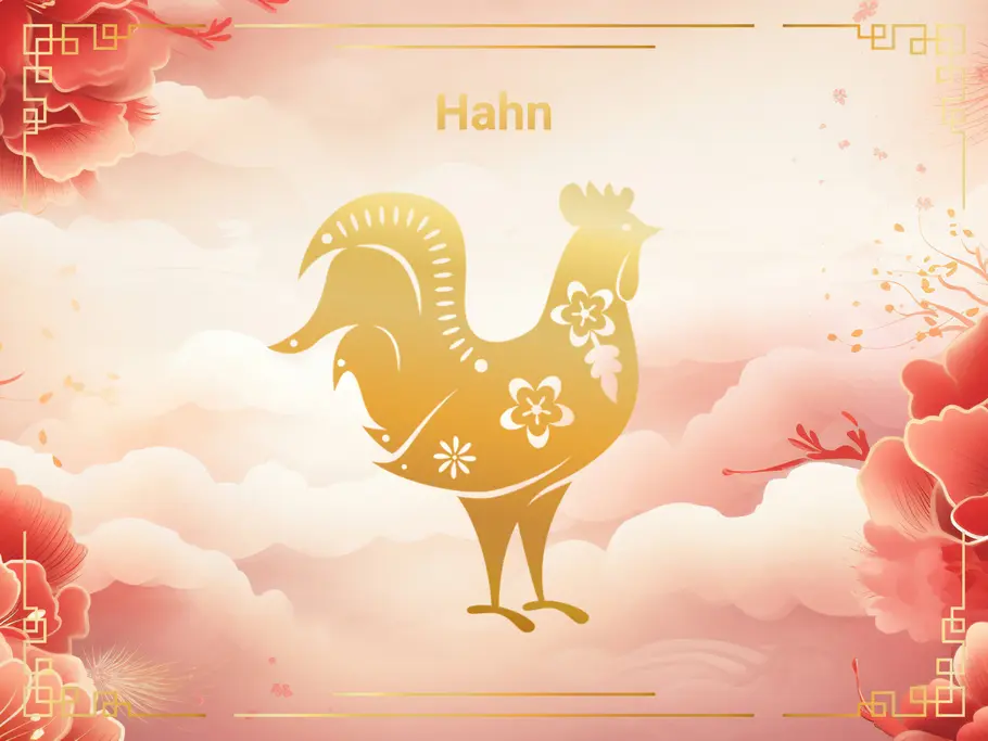Das Sternzeichen Hahn, vor einem Hintergrund aus rosa Wolken und Blumen.