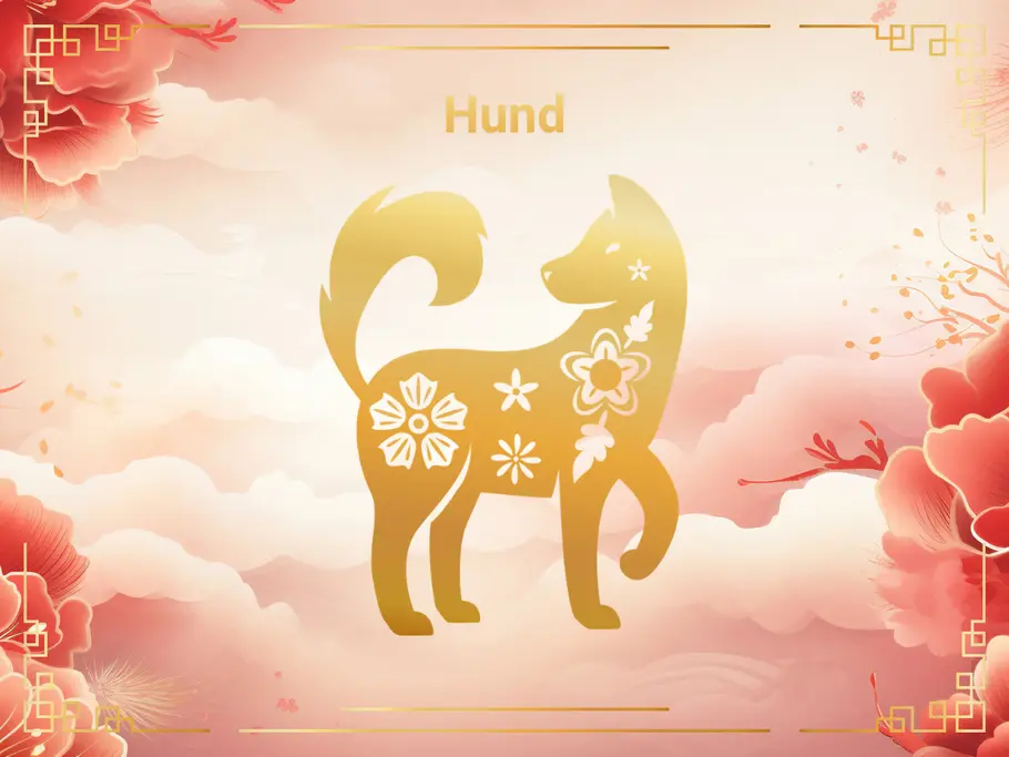 Das Sternzeichen Hund, vor einem Hintergrund aus rosa Wolken und Blumen.