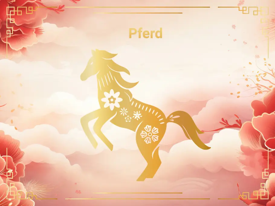 Das Sternzeichen Pferd, vor einem Hintergrund aus rosa Wolken und Blumen.