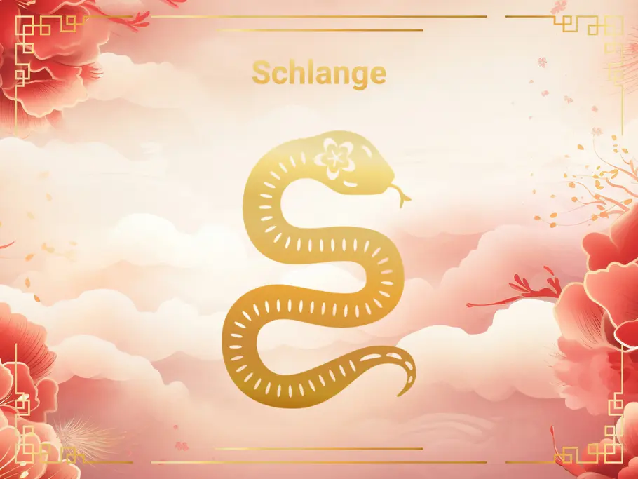 Das Sternzeichen Schlange, vor einem Hintergrund aus rosa Wolken und Blumen.