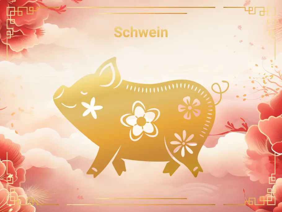 Das Sternzeichen Schwein, vor einem Hintergrund aus rosa Wolken und Blumen.