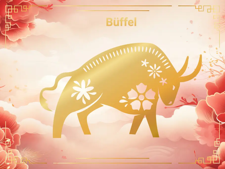 Das Sternzeichen Büffel, vor einem Hintergrund aus rosa Wolken und Blumen.