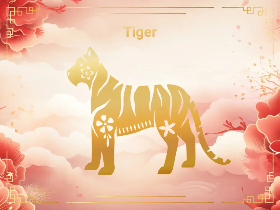 Das Sternzeichen Tiger, vor einem Hintergrund aus rosa Wolken und Blumen.