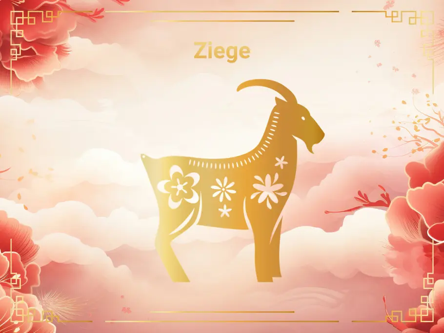 Das Sternzeichen Ziege, vor einem Hintergrund aus rosa Wolken und Blumen.