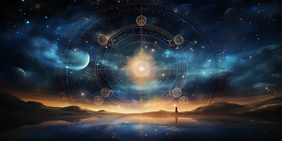 Astrologischer Kreis am dunklen Nachthimmel über einer Berglandschaft