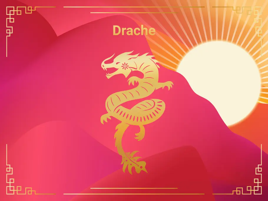 Das Sternzeichen Drache vor einer Sonne und einem roten Hintergrund