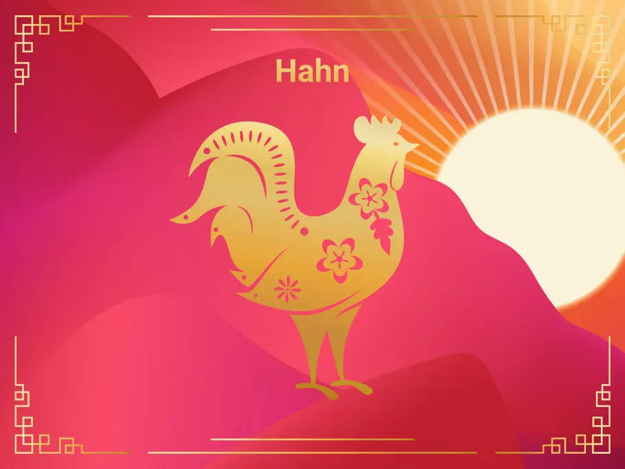 Das Sternzeichen Hahn vor einer Sonne und einem roten Hintergrund