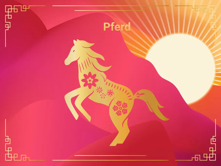 Das Sternzeichen Pferd vor einer Sonne und einem roten Hintergrund