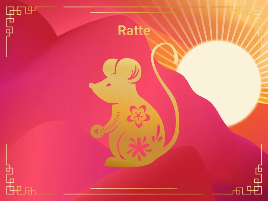 Das Sternzeichen Ratte vor einer Sonne und einem roten Hintergrund
