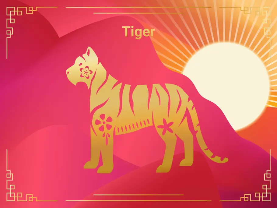 Das Sternzeichen Tiger vor einer Sonne und einem roten Hintergrund