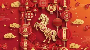 Grafik eines goldenen Pferdes, umgeben von chinesischen Lampen und Blumen - Foto: Putr/AdobeStock Grafik eines goldenen Pferdes, umgeben von chinesischen Lampen und Blumen - Foto: Putr/AdobeStock