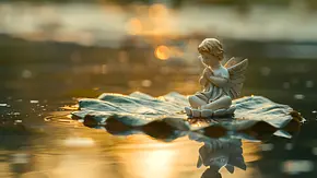 Kleine Engelstatue sitzt auf einem Blatt in einem See - Foto: cartoon-IT / AdobeStock