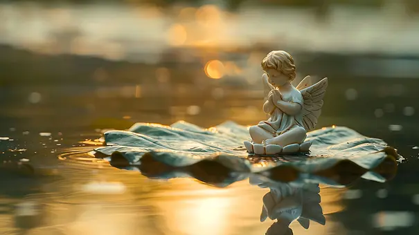 Kleine Engelstatue sitzt auf einem Blatt in einem See - Foto: cartoon-IT / AdobeStock Kleine Engelstatue sitzt auf einem Blatt in einem See - Foto: cartoon-IT / AdobeStock