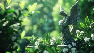 Kleine Engelstatue umgeben von Pflanzen und weißen Blüten - Foto: savittree / AdobeStock