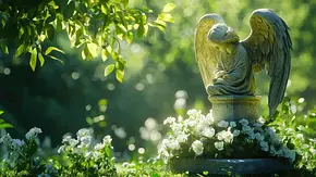 Engelstatue in einem Garten von weißen Blumen umgeben - Foto: savittree / AdobeStock Engelstatue in einem Garten von weißen Blumen umgeben - Foto: savittree / AdobeStock