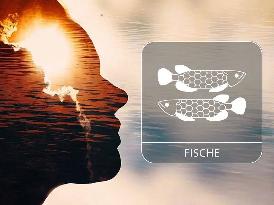 Eine Person als Silhouette, in die eine Sonnenuntergangslandschaft mit Wasser hineingeblendet ist neben dem Sternzeichen Fische