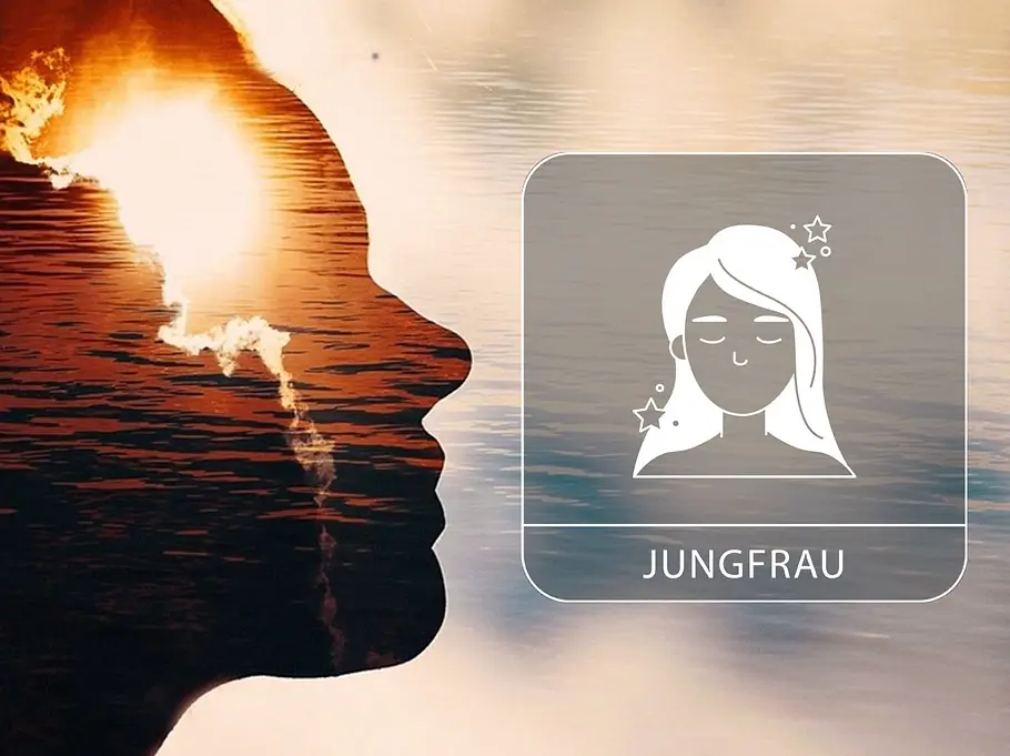 Eine Person als Silhouette, in die eine Sonnenuntergangslandschaft mit Wasser hineingeblendet ist neben dem Sternzeichen Jungfrau