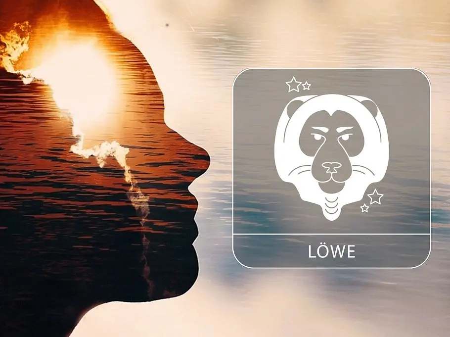 Eine Person als Silhouette, in die eine Sonnenuntergangslandschaft mit Wasser hineingeblendet ist neben dem Sternzeichen Löwe