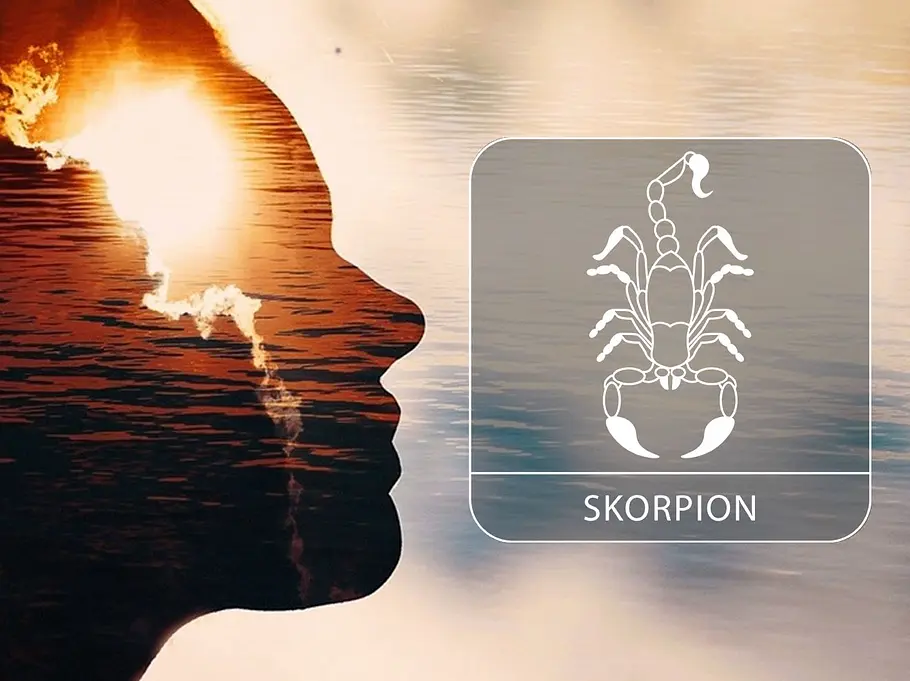 Eine Person als Silhouette, in die eine Sonnenuntergangslandschaft mit Wasser hineingeblendet ist neben dem Sternzeichen Skorpion
